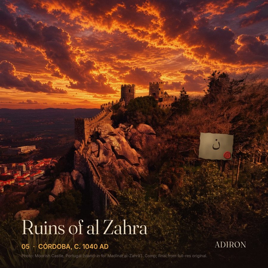 Single cover comp for Ruins of al Zahra: castle ruins at sunset (Moorish Castle, Portugal) with an Arabic letter nūn