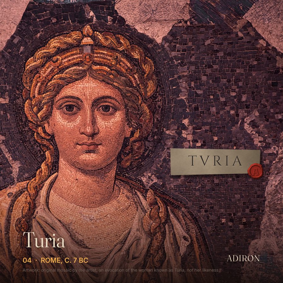 Single cover comp for Turia: an original mosaic-style portrait evoking a Roman woman, with a carved TVRIA strip
